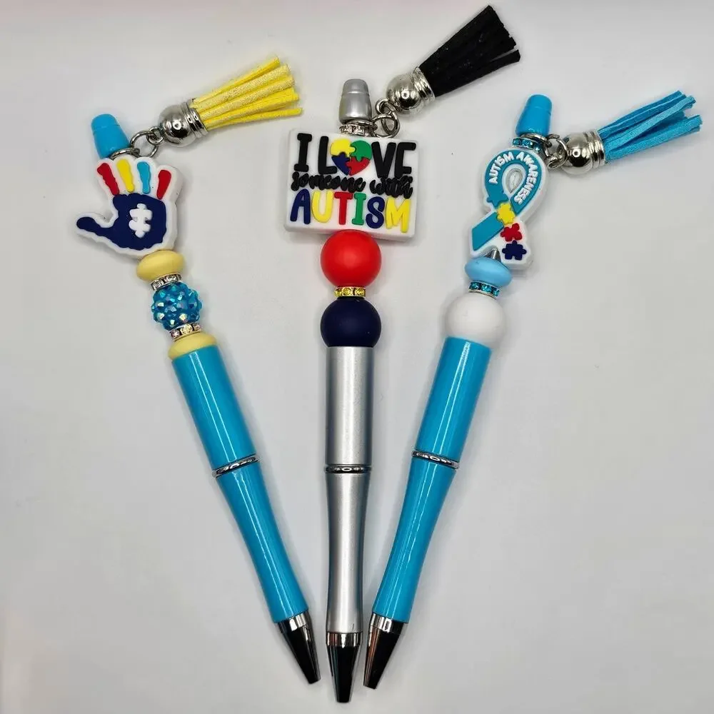 Autism Awareness Beaded Ink Pen with Tassel Charm Silicone Focal Bead SET OF 3